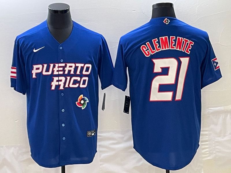 Men 2023 World Cub Puerto Rico #21 Clemente Blue Nike MLB Jersey1